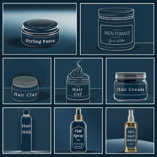 a clean, grid-style layout on a light-neutral background. 9 small icons, each representing one product type: Gel Pomade Wax Clay Styling paste hair cream hair milk hair spray sea salt spray