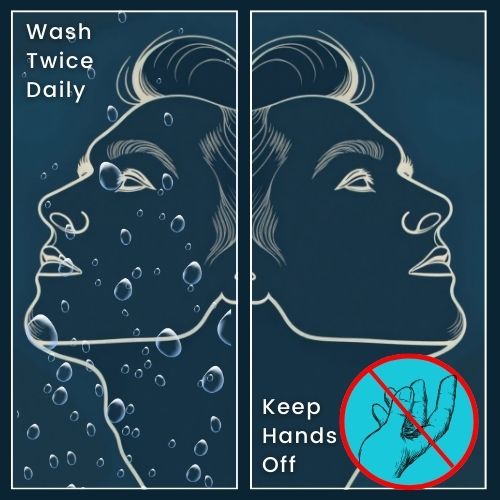 a split design: Left Side: a simple face icon with gentle water droplets,text says “Wash Twice Daily” to indicate proper cleaning that clears away impurities without overdoing it. Right Side: the same face with a hand reaching toward it, with a red “X” over the hand. Labelled “Keep Hands Off