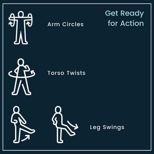 three small action icons in a row on a plain background: Leg Swings: An icon of a man mid-leg swing with arrows indicating motion. Arm Circles: A figure performing arm circles, with circular arrows around his arms. Torso Twists: A simple icon showing a torso in a twisting motion, with curved arrows highlighting the rotation.