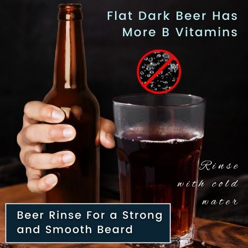 infographic: a beer bottle and glass of flat beer labelled “Flat Beer” with a small icon indicating "no fizz". 2 labels: “Rinse with Cool Water.” and “flat Dark Beer has More B Vitamins.”