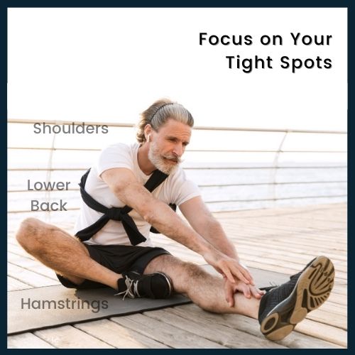 a man in mid-stretch on sitting on the deck of a getty. Over the image, a semi-transparent text overlay highlights his hamstrings, hip flexors, shoulders, and lower back. a simple text overlay in a clean, modern font reads "Focus on Your Tight Spots"