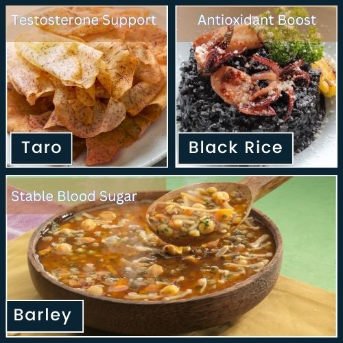 a horizontal arrangement on a plain background Baked Taro Root Chips: labelled “Testosterone Support.” Fried Squid with Black Rice: labelled “Antioxidant Boost.” Beef and Barley Soup: labeled “Stable Blood Sugar.”