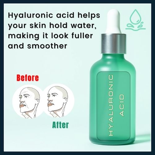 A hyaluronic acid serum bottle is shown with visual elements suggesting plump, hydrated skin and reduced fine lines, ideal for dry or aging skin.