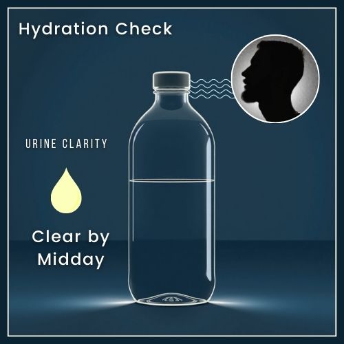 Central Image: A large water bottle, with an arrow pointing toward a stylized male face to represent water flowing to your beard follicles. A small icon representing urine clarity labeled “Clear by Midday” and a note like “Hydration Check