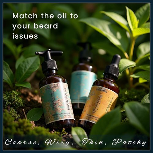 a grouping of beard oils with different bottle labels, against rich folliage. Label says: Match the oil to your beard issues.