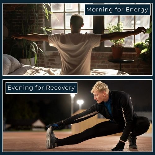 Top Panel: a man doing dynamic stretches (like arm circles or leg swings), in the morning sun, Bottom Panel: a man doing dynamic stretches (like arm circles or leg swings), in the morning sun