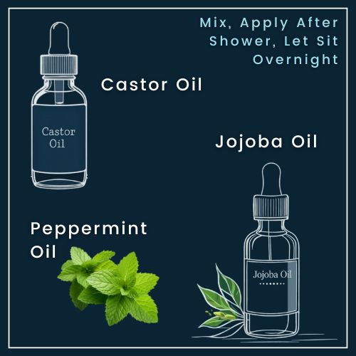 a small bottle icon labeled “Castor Oil” a peppermint leaf labeled “Peppermint Oil” a drop icon labeled “Jojoba Oil”