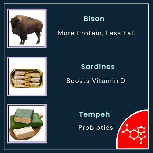 three clear, distinct icons side by side: illustration of a bison with a small label Bison – More Protein, Less Fat.” A simple sardine can, with a tag reading “Sardines – 25g Protein, Boosts Vitamin D.” A small tempeh block with a note “Tempeh – 16g Protein + Probiotics.”