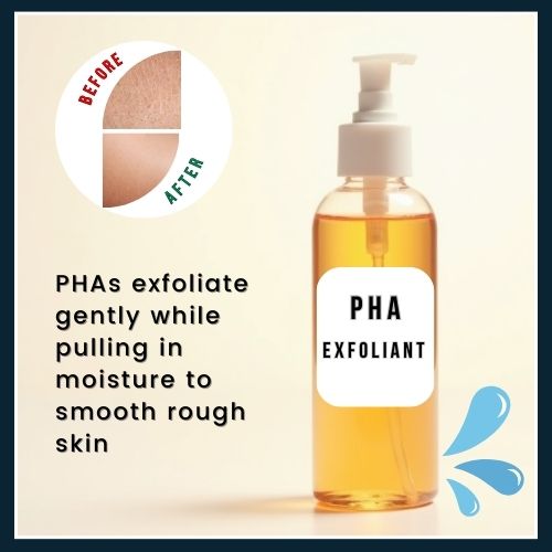 A PHA exfoliant bottle is shown with a skin-smoothing visual and water splash icon, representing gentle exfoliation and added moisture for rough or sensitive skin.