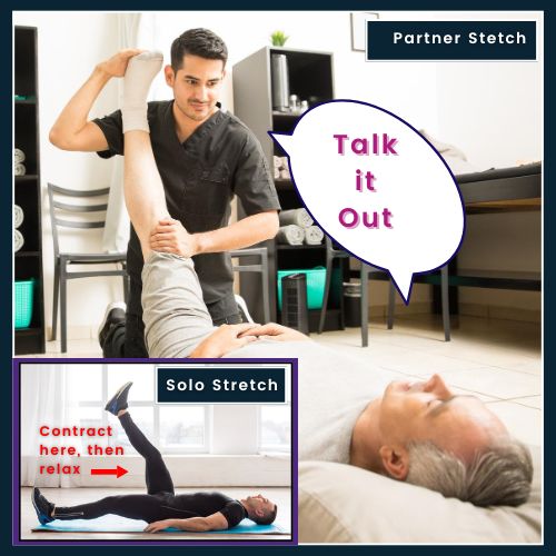 Partner Stretch Image: man assisting another man in a leg stretch, illustrating the “partner” aspect of PNF. Solo Stretch Image: a man doing a PNF-style leg stretch alone. An arrow and label indicate he’s contracting his leg against his own resistance (“Contract here, then relax”).