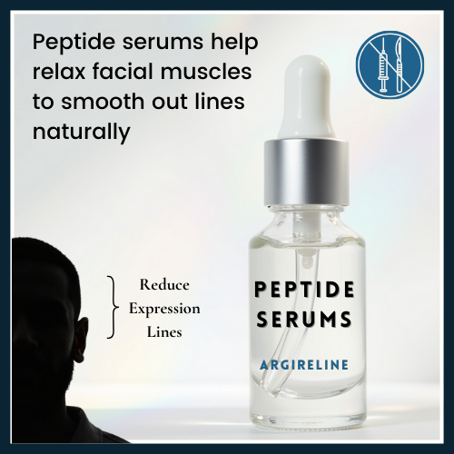A male face with visible expression lines is shown next to a peptide serum bottle, with icons illustrating muscle relaxation and a crossed-out syringe to show it's a non-invasive alternative.