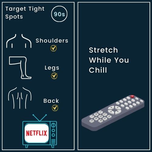 On one side is a small TV icon with a digital timer reading “90s.” Next to it are three small icons representing muscle groups for shoulders, back, and legs to indicate the tight spots. On the other side is a remote control to emphasize that this routine happens while watching TV.