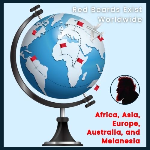 a clean world map on a light background. Overla⁯id with tiny red flags on key regions -African Asia, Austalia, Fiji. Next to it is a small, silhouettes of a man with a red beard. This visual clearly communicates that red beard genes are found all over the globe, breaking the myth that they're only a European trait.