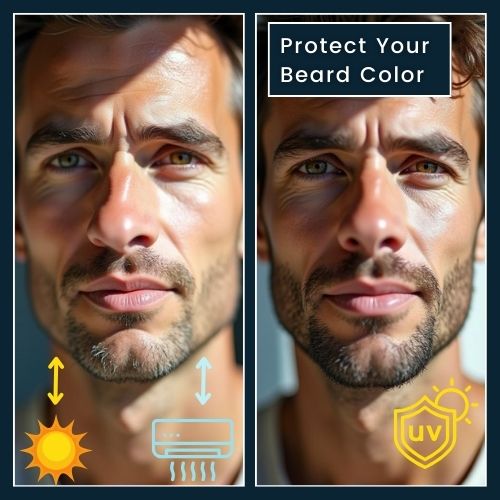 a two-part graphic on a clean, neutral background: Left Side: a beard man with noticeable fading, Overlaid with a sun symbol and an AC icon—with arrows pointing toward the beard to represent environmental stress (sunlight drying and bleaching, air conditioning drying it out). Right Side: Displays the same bearded man with vibrant color intact. Next to him is a protective shield icon with “UV” on it, labelled “Protect Your Color” to symbolize the use of beard products that guard against environmental damage.