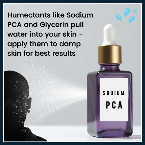 A humectant serum in a purple glass bottle is shown with water spray connecting from the bottle to a male sihoutte, representing ingredients like glycerin and sodium PCA drawing moisture into the skin.