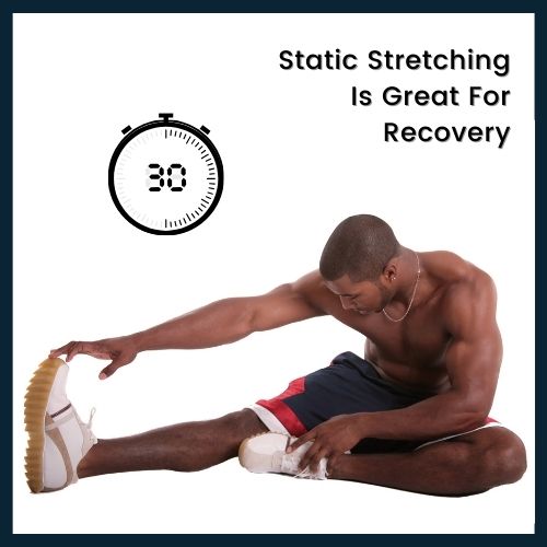 a man performing a static hamstring stretch on a plain background. Next to him, include a clear clock icon marked “30 sec” to highlight the recommended hold time.