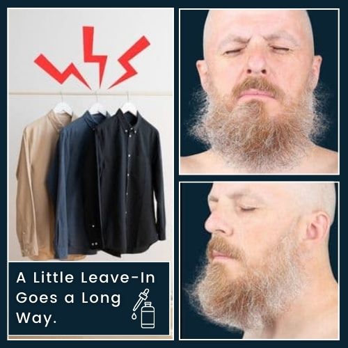 a man with a thin beard affected by static, with overlay text 'Beat the Static – A Little Leave-In Goes a Long Way,' emphasizing that a small amount of leave-in conditioner can tame static and frizz.