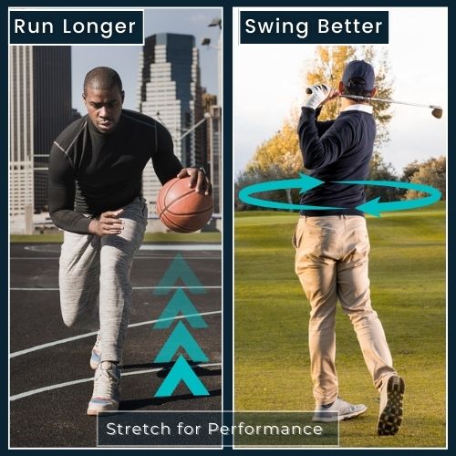 a split-screen. On the left, a basketball player in motion running on a court—with a subtle speed arrowicon. On the right, a golfer mid-swing with an arrow indicating full rotation. a label beneath each image: “Run Longer” and “Swing Better,” and a central banner that reads “Stretch for Performance.”