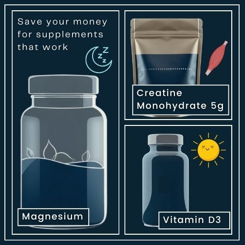 a clean layout with three main supplement icons A container labelled “Creatine Monohydrate 5g” with a muscle icon. A vitamin D3 bottle paired with a small sun icon (hinting at the indoor connection). Right Icon: A magnesium supplement icon with a sleep symbol.