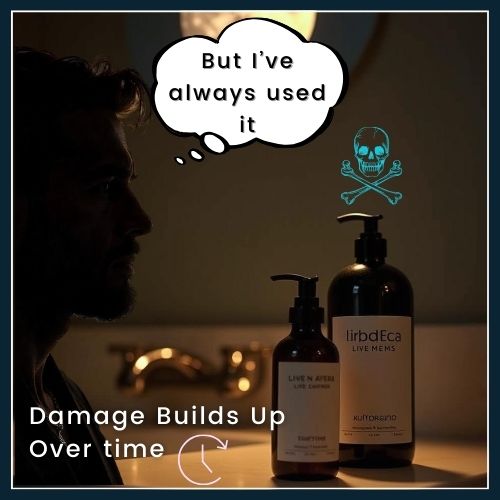 A silhouette of a person in dim lighting looking at personal care products with a thought bubble saying 'But I've always used it.' Above one of the dark bottles is a glowing teal skull and crossbones symbol. Text at the bottom reads 'Damage Builds Up Over Time' with a clock icon, illustrating how harmful ingredients in everyday products can cause long-term health effects despite seeming safe in the short term.