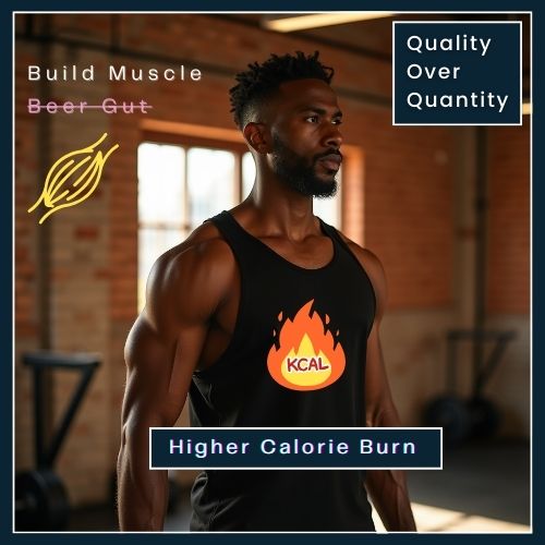 a muscular man lifting weights. Across his chest is a small flame calorie gauge icon labelled “Higher Calorie Burn.” Next to the man is a small muscle icon to represent more muscle mass with notes “Quality Over Quantity” and “Build Muscle vs. Beer Gut,
