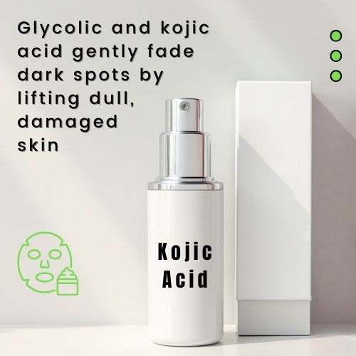 A chemical exfoliant bottle labelled kojic acid is shown with skin-brightening visuals, representing gentle removal of dark spots and dull surface skin.
