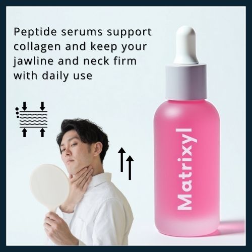 A man applies peptide serum to his jawline and neck using upward strokes, with product visuals and icons highlighting ingredients like Matrixyl and Argireline for collagen support.