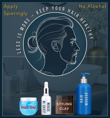 Stylized outline of a man with his hair tied back, surrounded by four labeled hair products (hair gel, leave-in serum, styling clay, hair mousse). Text reads ‘Less is more—keep your hair healthy, no alcohol, apply sparingly,’ emphasizing the importance of using alcohol-free products in moderation.
