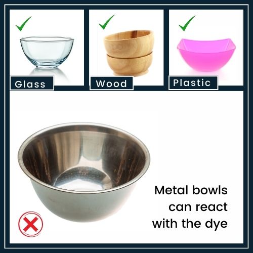 Avoiding Metal Bowls side-by-side illustration of two bowls: Metal Bowl with a clear “X” symbol next to it. Plastic with a clear “✓” next to it