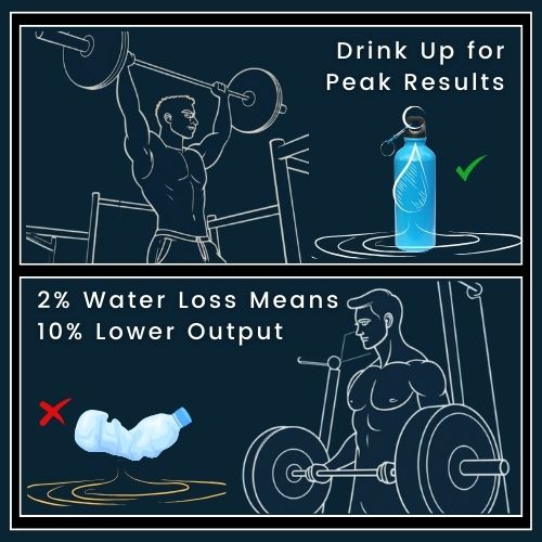 a split-screen layout on a plain background: Left Panel: a muscular man confidently lifting weights. Next to him is a water bottle with a clear, light droplet icon and a small green check mark. labelled “Hydrated = Peak Performance. Right Panel: the same man looking less energetic with a drooping posture. an water bottle icon with a red “X” and a droplet icon showing a darker shade, with a label: “2% Dehydration = 10% Strength Loss.”