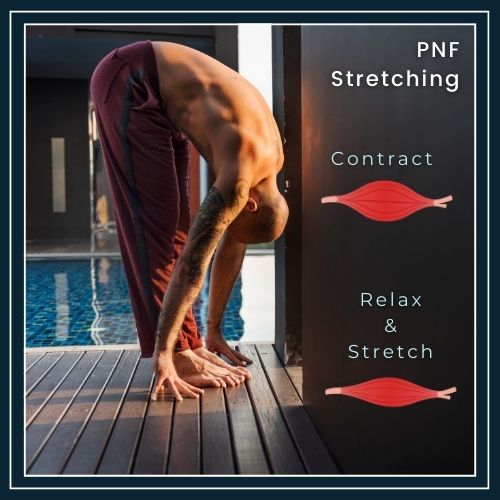 a man performing a deep hamstring stretch—reaching down to touch his palms flat on the floor. Overlay reads “PNF Stretching” along with a simple arrow diagram illustrating the contraction and relaxation phases.