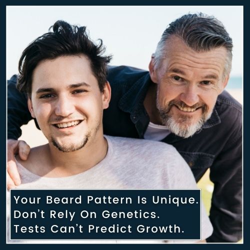 An image of an adult father and an adult son. The son's beard is patchy while the father has a full beard, A text overlay reads your beard pattern is unique, don't rely on genetics-tests can't predict growth.
