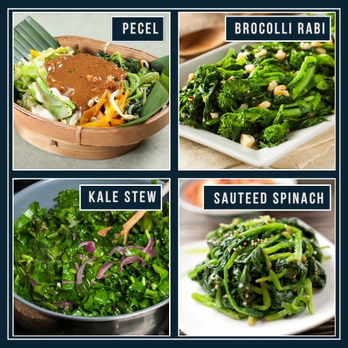 Green leafy vegetables should be unlimited: collage showing brocolli rab, kale stew, pecel and sauteed spinach