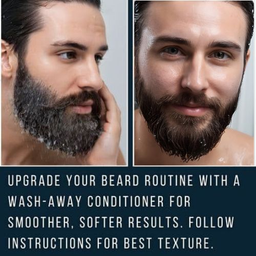 comparison: beard covered in conditioner versus beard is rinsed clean and smooth