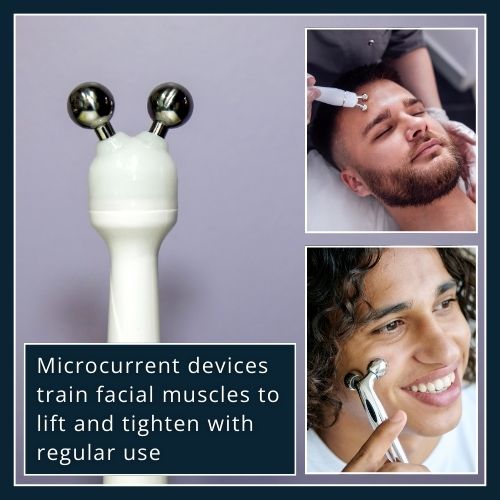 A man uses a handheld microcurrent device along his jawline, helping to tone facial muscles for a firmer look.