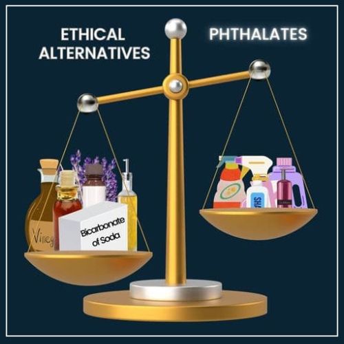 Infographic: Scale Phthalates laden Phthalate-laden products vs symbols of healthier alternatives emphasising consumer control over health