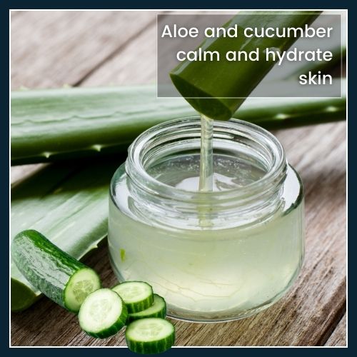 Flat-lay of a bowl of fresh aloe vera gel and cucumber juice with a spoon, illustrating a DIY mask that soothes irritation and hydrates skin.