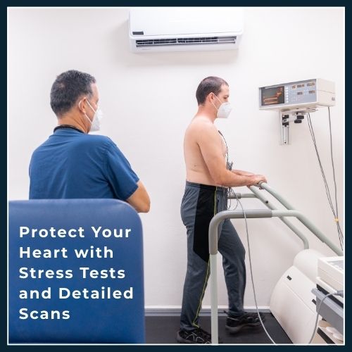 Man undergoing a cardiac stress test, highlighting the importance of detailed heart screenings for early detection and prevention of cardiovascular issues.
