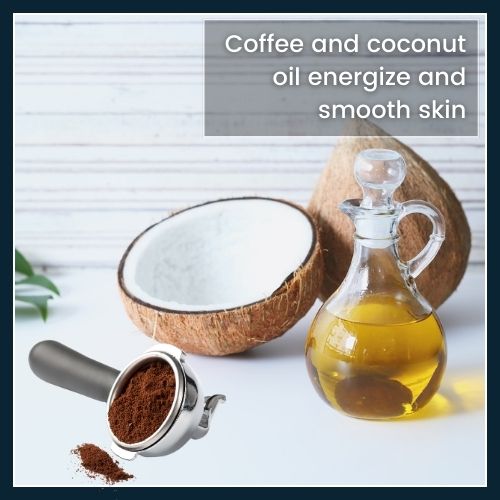 Flat-lay of a bowl of ground coffee and coconut oil, illustrating a DIY scrub that exfoliates and moisturizes to fight rough, dull skin.