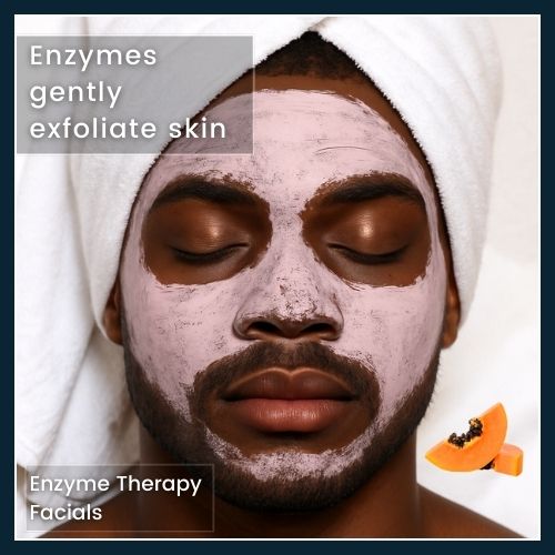 Male client with a creamy facial mask on his face, illustrating an enzyme therapy facial that exfoliates gently without irritation.