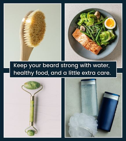 Infographic-style design featuring icons for water, vitamins, omega-3s, face massage, and gentle exfoliation, symbolizing natural care that helps beard roots heal and grow.