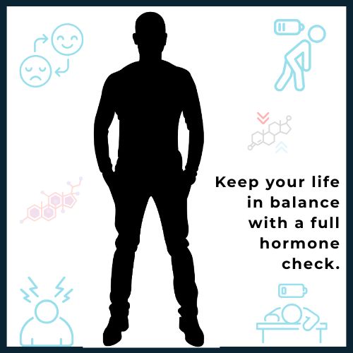 Infographic of a male silhouette with icons for testosterone and cortisol, symbolizing a full hormone check for balanced health.