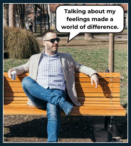 Man in a relaxed setting looking thoughtful with subtle speech bubble icons, symbolizing the positive impact of discussing mental health.