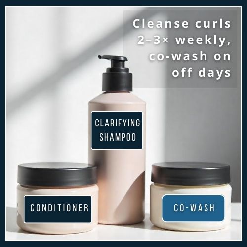 a studio shot of a shampoo bottle, a large jar of hair conditioner and a jar of co-wash balm arranged neatly on a plain white surface, against a bathroom background. A few water droplets and soap suds add a fresh feel to the surface. illustrating cleansing curls twice weekly and co-washing on other days.