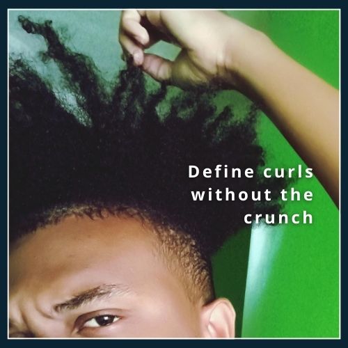 Close-up of a hand running through soft, bouncy curls with gel and botanical extract icons, illustrating curl definition without stiffness.