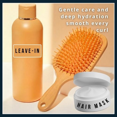 a deep conditioning mask jar, a leave-in conditioner bottle, and a hair paddle brush, illustrating gentle care and hydration to tame dryness and frizz in curly hair