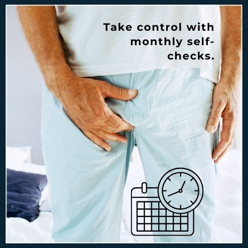 Man in pajamas examining for testicular cancer and a calendar icon, symbolizing regular monthly self-exams for testicular health.