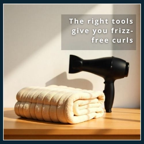 Flat-lay of a blow dryer with a diffuser attachment next to a bamboo towel, illustrating essential tools for frizz-free curl drying.