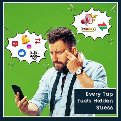a stressed man holds a smartphone. Above him displays a chaotic cloud of small icons, like notifications, comparison arrows, and social media symbols - to represent the overload of digital trigger