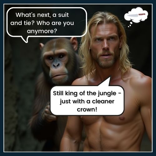 Tarzan in a cave using his dad's steel blade to shave, with an ape in the background hinting at jungle grooming tips.